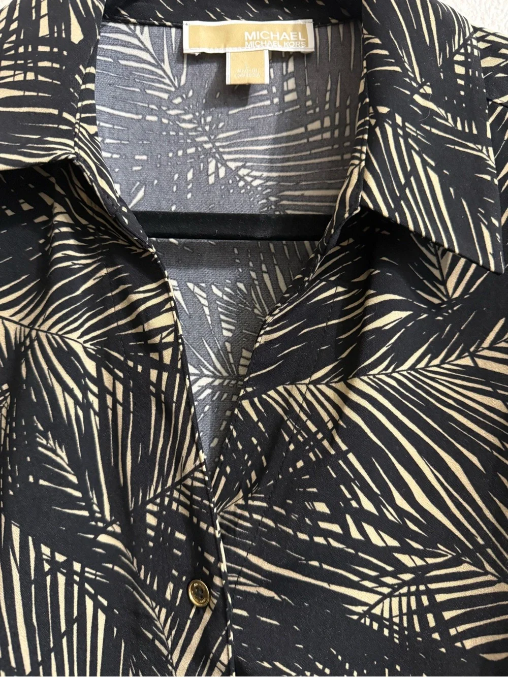Michael Kors Woven Palm-Print Button Front Blouse - Black/Cream
